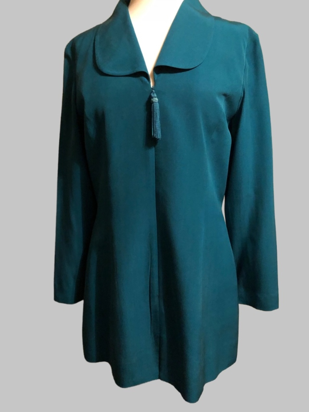 Vintage 90s YL by Yair 100% Silk Teal Green Tassel Zipper Blouse Tunic 10